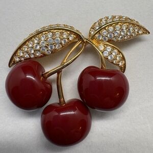 Vtg Signed Joan Rivers Rhinestone Lucite CherriesCherry Fruit Brooch Pin